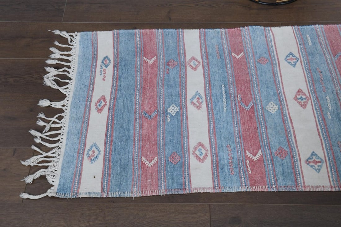 2.2x13.9 ft, PINK BLUE WHITE, Vintage Turkish Rug, Striped Runner - 8