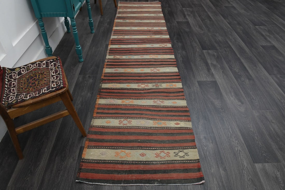2.5x11.2 ft, FLATWEAVE KILIM RUNNER: Title: 2.5x11.2 ft, FLATWEAVE KILIM RUNNER Origin: Turkey Date/Period: 1960 - 1970 Materials: Wool and Cotton Size: Width: 2.5 feet; Length: 11.2 feet Description: This Turkish one-of-a-kind Vintage F