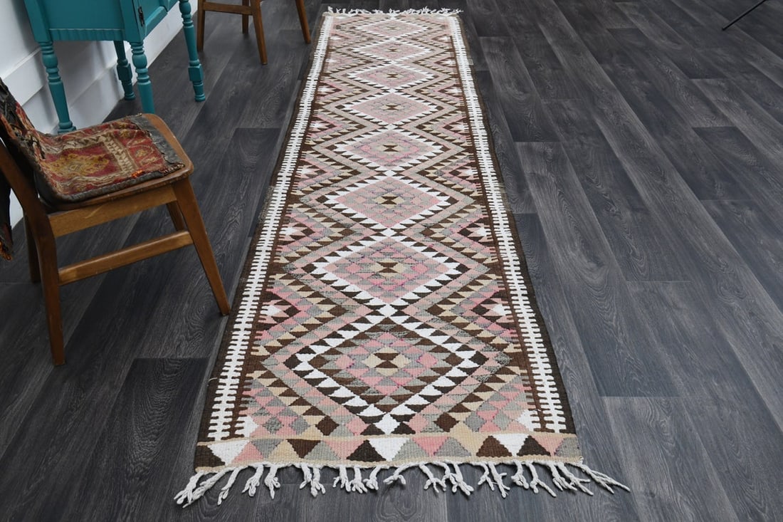 2.9x12.1 ft, TURKISH KILIM Runner: Title: 2.9x12.1 ft, TURKISH KILIM Runner Origin: Turkey Date/Period: 1960 - 1970 Materials: Wool and Cotton Size: Width: 2.9 feet; Length: 12.1 feet Description: This Turkish one-of-a-kind Vintage