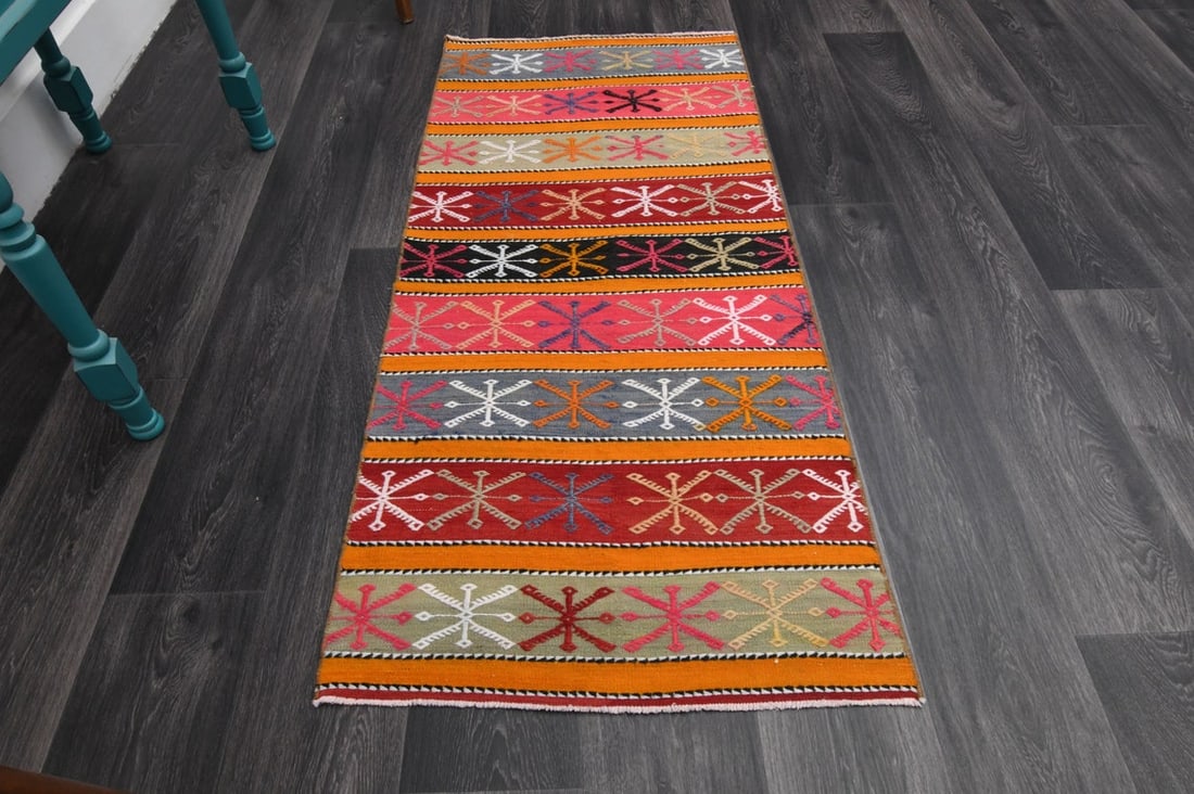2.3x5.1 ft, SMALL KILIM RUNNER: Title: 2.3x5.1 ft, SMALL KILIM RUNNER Origin: Turkey Date/Period: 1960 - 1970 Materials: Wool and Cotton Size: Width: 2.3 feet; Length: 5.1 feet Description: This Turkish one-of-a-kind Vintage