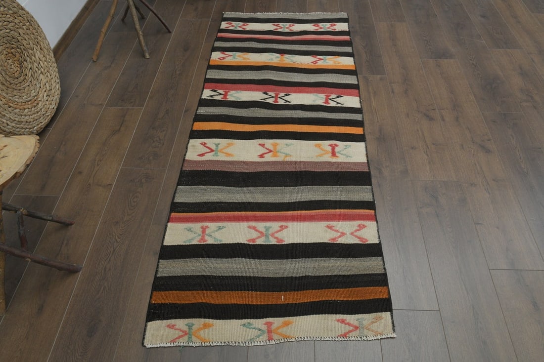 2.6x6.4 ft, COLORFUL KILIM RUNNER: Title: 2.6x6.4 ft, COLORFUL KILIM RUNNER Origin: Turkey Date/Period: 1960 - 1970 Materials: Wool and Cotton Size: Width: 2.4 feet; Length: 6.4 feet Description: This Turkish one-of-a-kind Vintage
