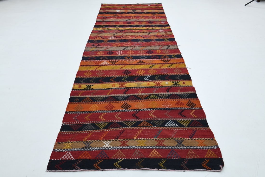 4.1x12.5 ft, COLORFUL RUG: Title: 4.1x12.5 ft, COLORFUL RUG Origin: Turkey Date/Period: 1960 - 1970 Materials: Wool and Cotton Size: Width: 4.1 feet; Length: 12.5 feet Description: This Turkish one-of-a-kind Vintage Flatweave