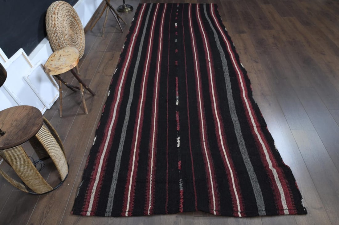 4'3x11 ft, KILIM STRIPED RUNNER: Title: 4'3x11 ft, KILIM STRIPED RUNNER Origin: Turkey Date/Period: 1960 - 1970 Materials: Wool and Cotton Size: Width: 4.3 feet; Length: 11 feet Description: This Turkish one-of-a-kind Vintage Flatwea