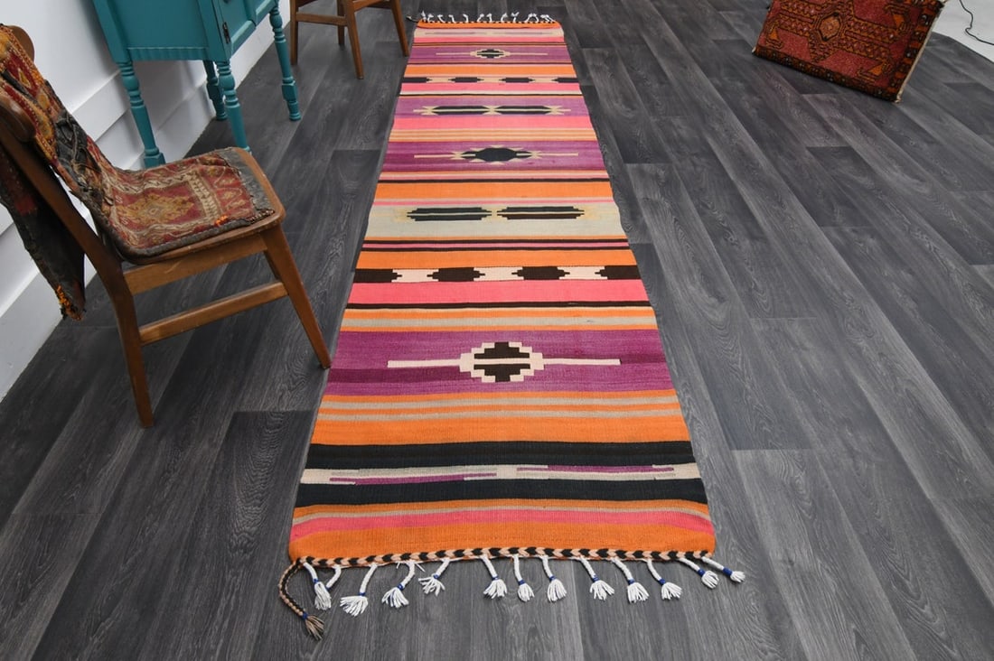 3x9.1 ft, TURKISH KILIM Runner: Title: 3x9.1 ft, TURKISH KILIM Runner Origin: Turkey Date/Period: 1960 - 1970 Materials: Wool and Cotton Size: Width: 3 feet; Length: 9.1 feet Description: This Turkish one-of-a-kind Vintage