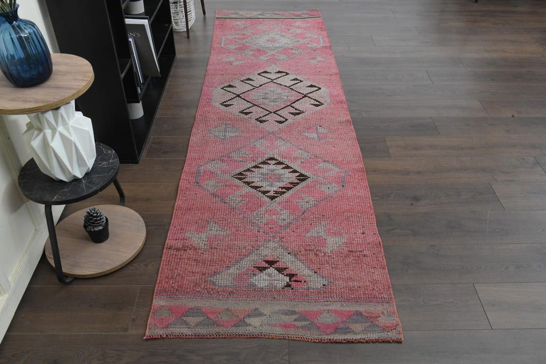 2.4x12.3 ft, LONG, Vintage Turkish Rug: Title: 2.4x12.3 ft, LONG, Vintage Turkish Rug Origin: Turkey Date/Period: 1960 - 1970 Materials: Wool and Cotton Size: Width: 2.4 feet; Length: 12.3 feet Description: This Turkish one-of-a-kind