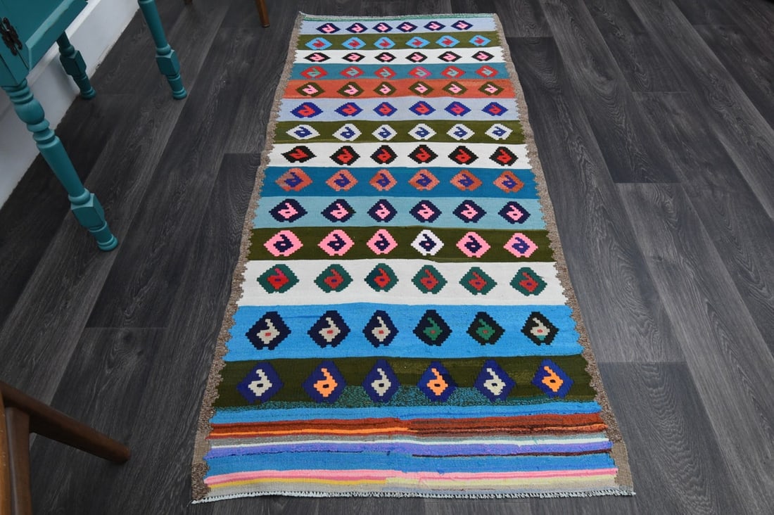 2.9x6.4 ft, TURKISH KILIM Runner: Title: 2.9x6.4 ft, TURKISH KILIM Runner Origin: Turkey Date/Period: 1960 - 1970 Materials: Wool and Cotton Size: Width: 2.9 feet; Length: 6.4 feet Description: This Turkish one-of-a-kind Vintage