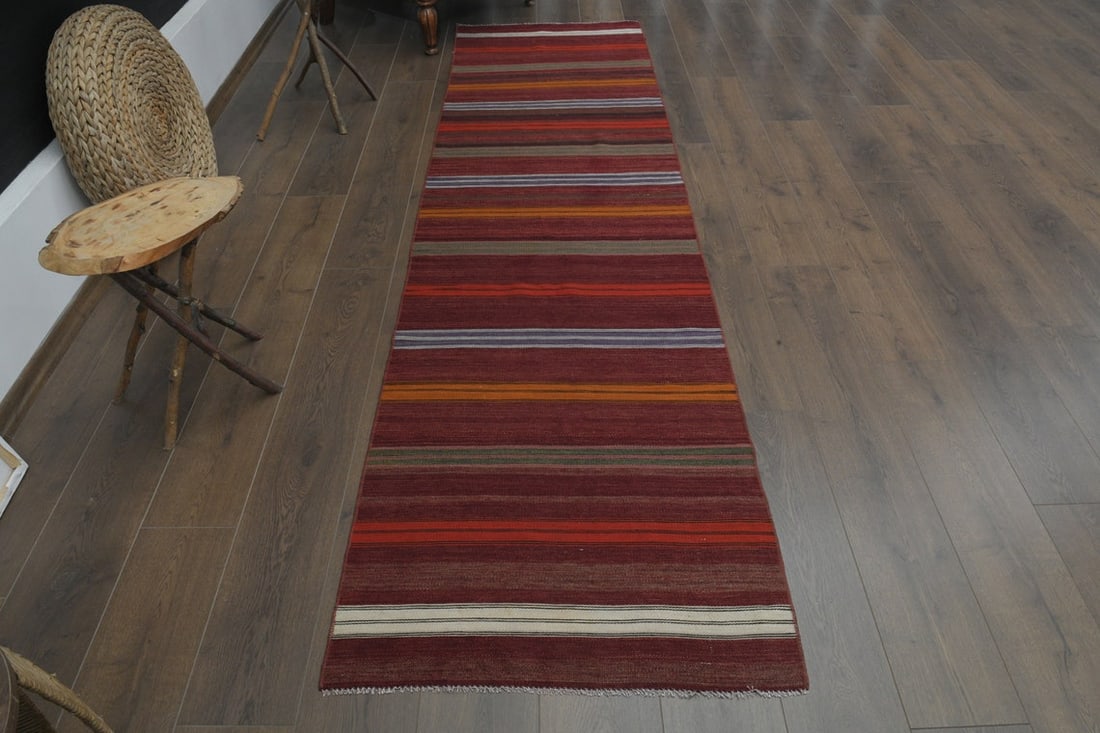 2.6x9.5 ft, COLORFUL KILIM RUNNER: Title: 2.6x9.5 ft, COLORFUL KILIM RUNNER Origin: Turkey Date/Period: 1960 - 1970 Materials: Wool and Cotton Size: Width: 2.6 feet; Length: 9.5 feet Description: This Turkish one-of-a-kind Vintage Flat