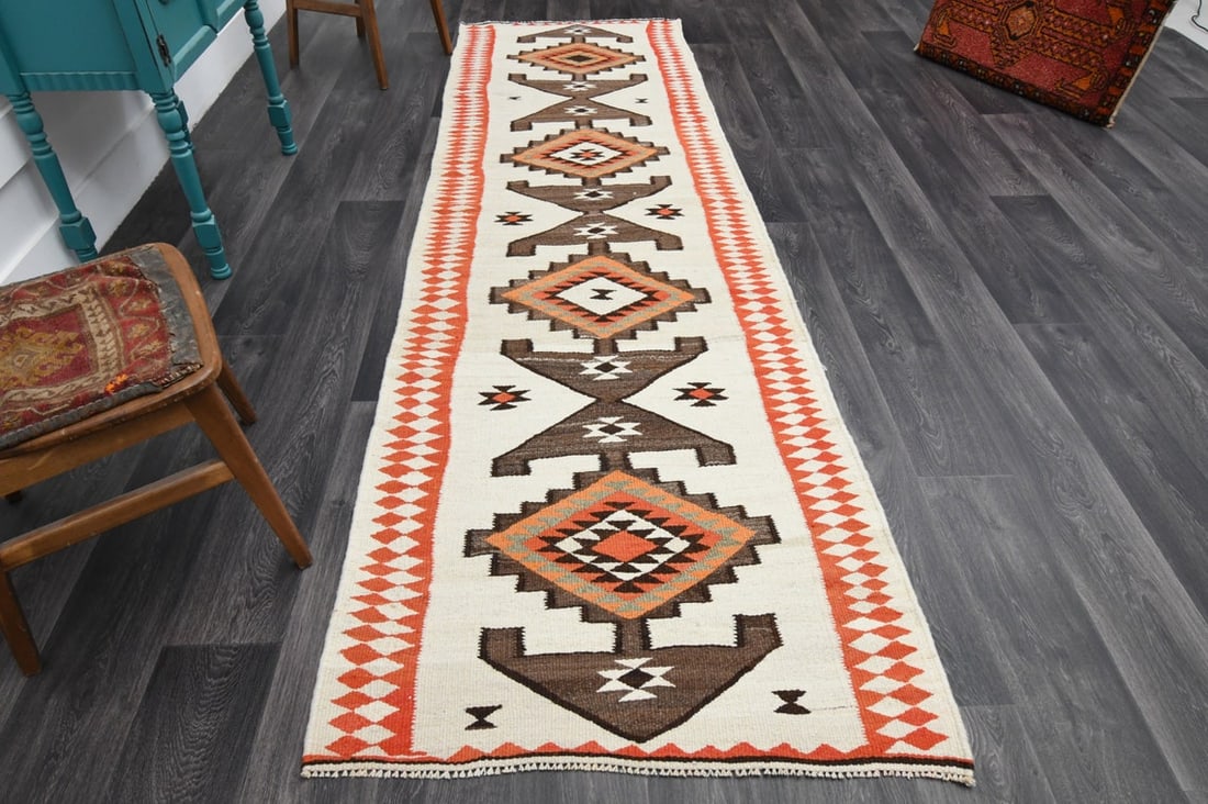 3.7x11.1 ft, White Bohemian KILIM Rug: Title: 3.7x11.1 ft, White Bohemian KILIM Rug Origin: Turkey Date/Period: 1960 - 1970 Materials: Wool and Cotton Size: Width: 3.7 feet; Length: 11.1 feet Description: This Turkish one-of-a-kind Vintage