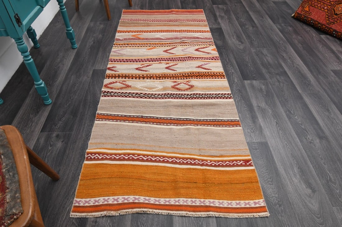 3.1x7.8 ft, TURKISH KILIM Runner: Title: 3.1x7.8 ft, TURKISH KILIM Runner Origin: Turkey Date/Period: 1960 - 1970 Materials: Wool and Cotton Size: Width: 3.1 feet; Length: 7.8 feet Description: This Turkish one-of-a-kind Vintage