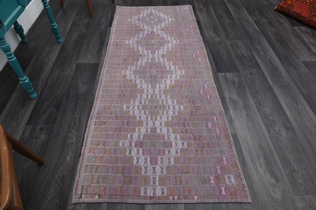 3.1x7.4 ft, TURKISH KILIM Runner: Title: 3.1x7.4 ft, TURKISH KILIM Runner Origin: Turkey Date/Period: 1960 - 1970 Materials: Wool and Cotton Size: Width: 3.1 feet; Length: 7.4 feet Description: This Turkish one-of-a-kind Vintage