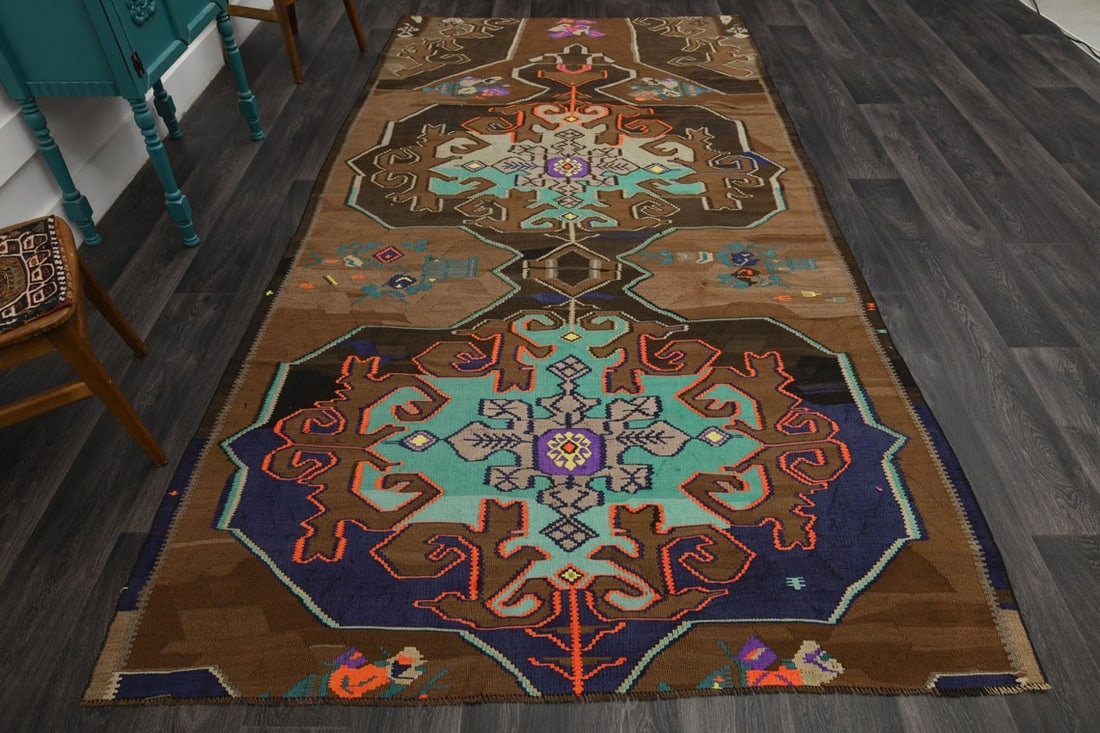 6.1x11.5 ft, TURKISH KILIM Rug: Title: 6.1x11.5 ft, TURKISH KILIM Rug Origin: Turkey Date/Period: 1960 - 1970 Materials: Wool and Cotton Size: Width: 6.1 feet; Length: 11.5 feet Description: This Turkish one-of-a-kind Vintage