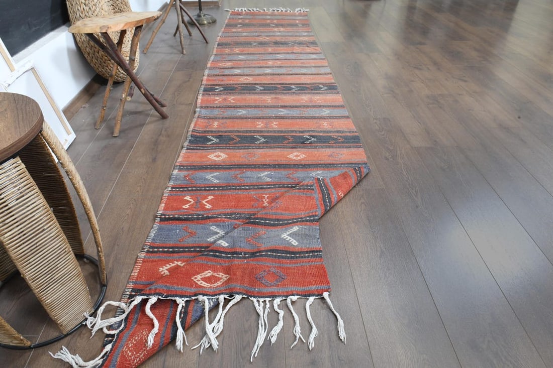 2'4x11'1 ft, ORANGE BLUE STRIPED, Kilim Runner: Title: 2'4x11'1 ft, ORANGE BLUE STRIPED, Kilim Runner Origin: Turkey Date/Period: 1960 - 1970 Materials: Wool and Cotton Size: Width: 2.4 feet; Length: 11.1 feet Description: This Turkish