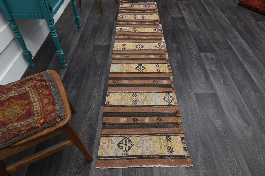 2x8.7 ft, TURKISH Rug Runner: Title: 2x8.7 ft, TURKISH Rug Runner Origin: Turkey Date/Period: 1960 - 1970 Materials: Wool and Cotton Size: Width: 2 feet; Length: 8.7 feet Description: This Turkish one-of-a-kind Vintage Flatweave K