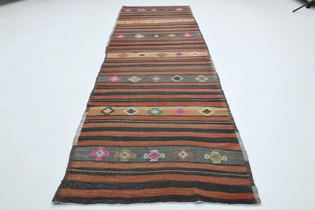 4.1x12.3 ft, TURKISH RUNNER RUG: Title: 4.1x12.3 ft, TURKISH RUNNER RUG Origin: Turkey Date/Period: 1960 - 1970 Materials: Wool and Cotton Size: Width: 4.1 feet; Length: 12.3 feet Description: This Turkish one-of-a-kind Vintage Flatw