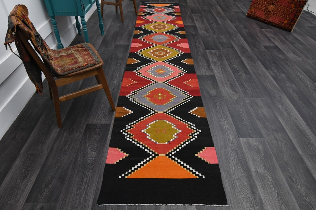 2.5x13.7 ft, TURKISH Rug Runner: Title: 2.5x13.7 ft, TURKISH Rug Runner Origin: Turkey Date/Period: 1960 - 1970 Materials: Wool and Cotton Size: Width: 2.5 feet; Length: 13.7 feet Description: This Turkish one-of-a-kind Vintage Flatw