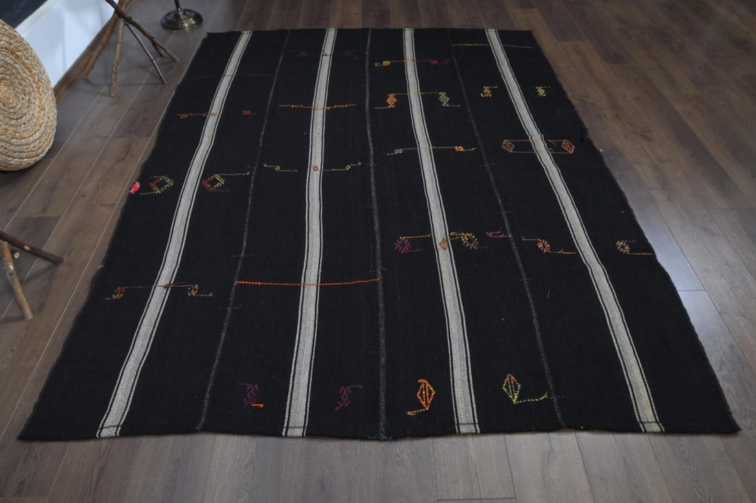 6'4x8'5 ft, BLACK STRIPED RUG: Title: 6'4x8'5 ft, BLACK STRIPED RUG Origin: Turkey Date/Period: 1960 - 1970 Materials: Wool and Cotton Size: Width: 6.4 feet; Length: 8.5 feet Description: This Turkish one-of-a-kind Vintage