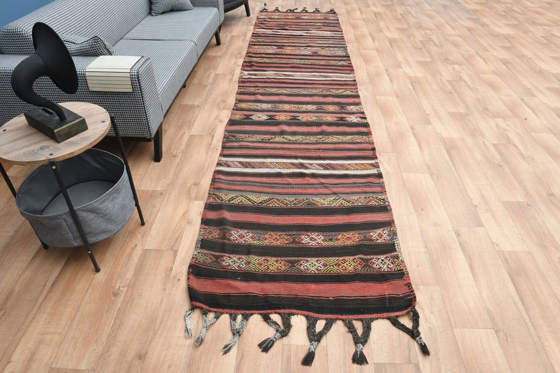 3.3x13.8 TURKISH Striped Runner Rug: Title: 3.3x13.8 TURKISH Striped Runner Rug Origin: Turkey Date/Period: 1960 - 1970 Materials: Wool and Cotton Size: Width: 3.3 feet; Length: 13.8 feet Description: This Turkish one-of-a-kind Vintage