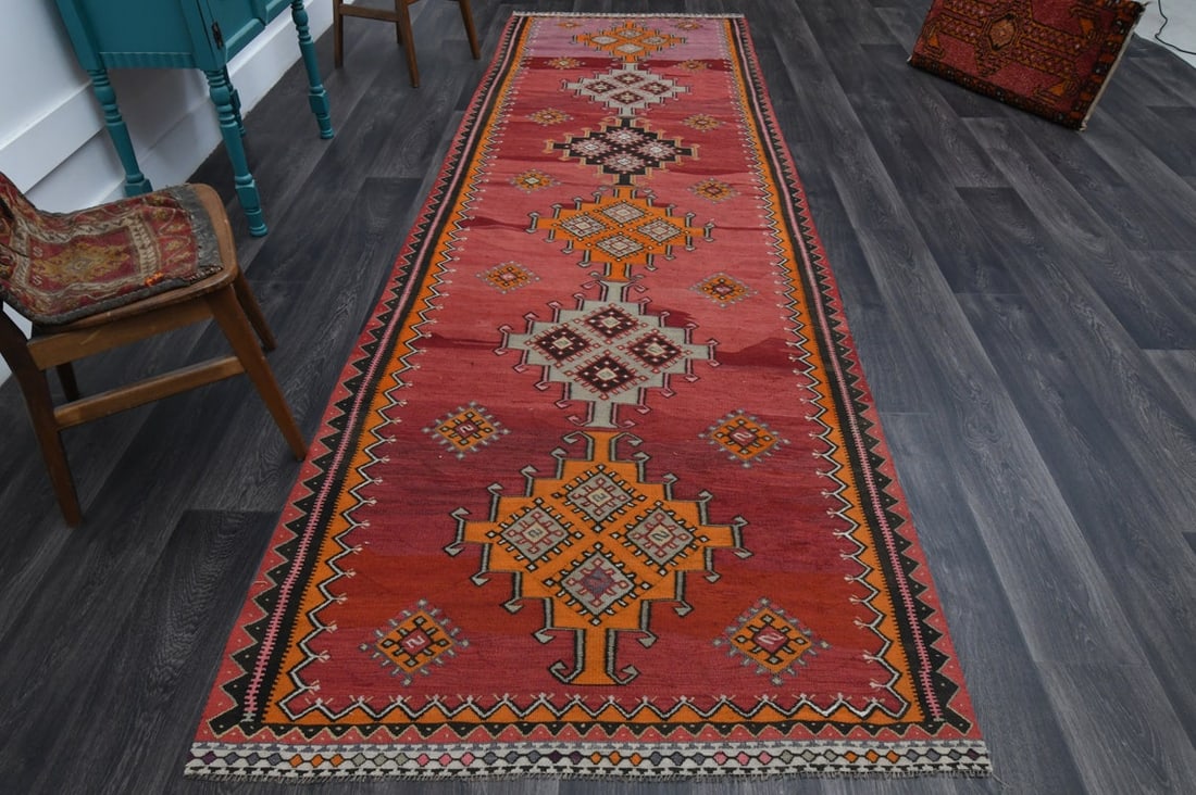 4.1x13 ft, TURKISH KILIM Runner: Title: 4.1x13 ft, TURKISH KILIM Runner Origin: Turkey Date/Period: 1960 - 1970 Materials: Wool and Cotton Size: Width: 4.1 feet; Length: 13 feet Description: This Turkish one-of-a-kind Vintage