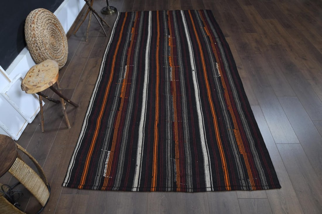 4.7x9.3 ft, STRIPED KILIM RUG: Title: 4.7x9.3 ft, STRIPED KILIM RUG Origin: Turkey Date/Period: 1960 - 1970 Materials: Wool and Cotton Size: Width: 4.7 feet; Length: 9.3 feet Description: This Turkish one-of-a-kind Vintage