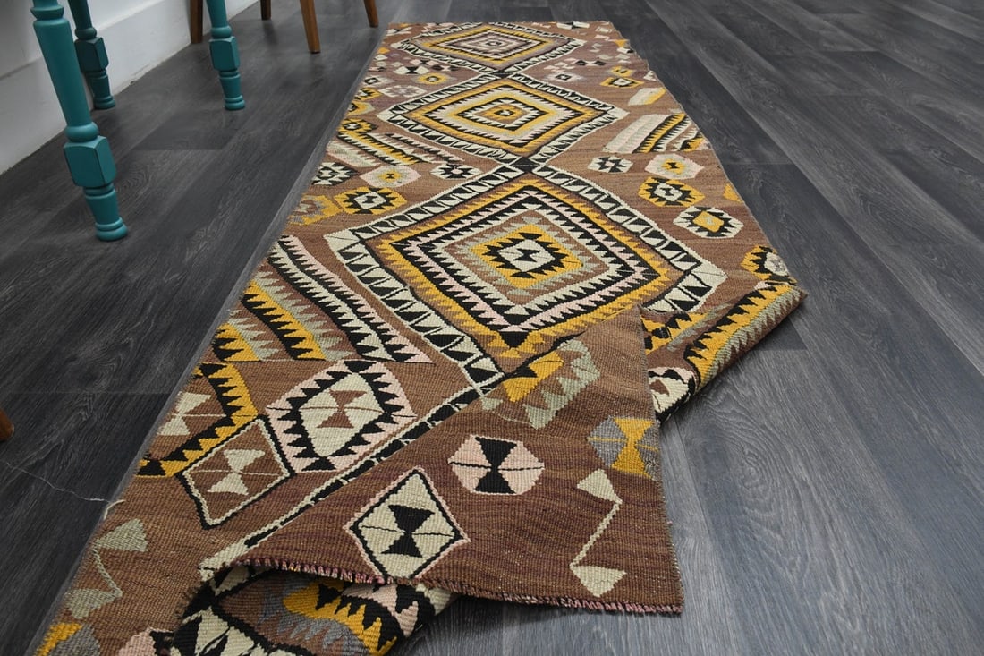 3x9 TURKISH KILIM Runner,: Title: 3x9 TURKISH KILIM Runner, Origin: Turkey Date/Period: 1960 - 1970 Materials: Wool and Cotton Size: Width: 2.7 feet; Length: 8.9 feet Description: This Turkish one-of-a-kind Vintage Flatweave