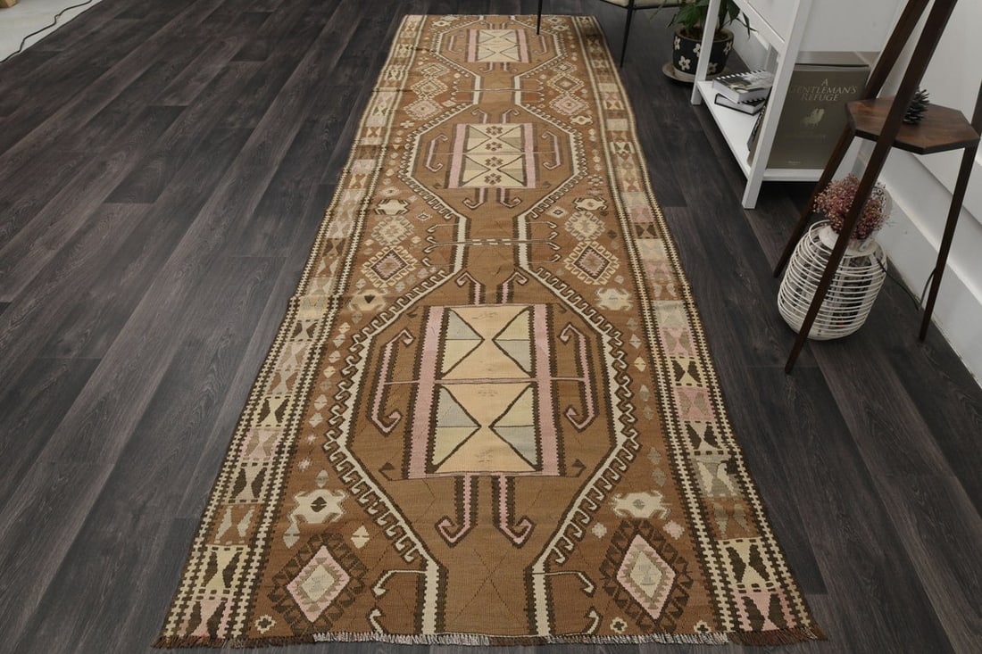 4.1x12.8 ft, WASHABLE KILIM DÉCOR: Title: 4.1x12.8 ft, WASHABLE KILIM DÉCOR Origin: Turkey Date/Period: 1960 - 1970 Materials: Wool and Cotton Size: Width: 4.1 feet; Length: 12.8 feet Description: This Turkish one-of-a-kind