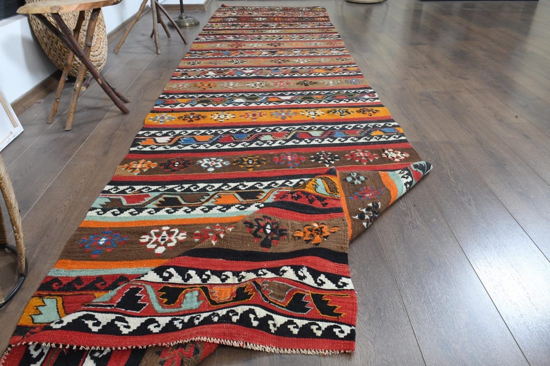 3'5x13'6 ft, BOHO CHIC RUNNER: Title: 3'5x13'6 ft, BOHO CHIC RUNNER Origin: Turkey Date/Period: 1960 - 1970 Materials: Wool and Cotton Size: Width: 3.5 feet; Length: 13.6 feet Description: This Turkish one-of-a-kind Vintage Flatwea