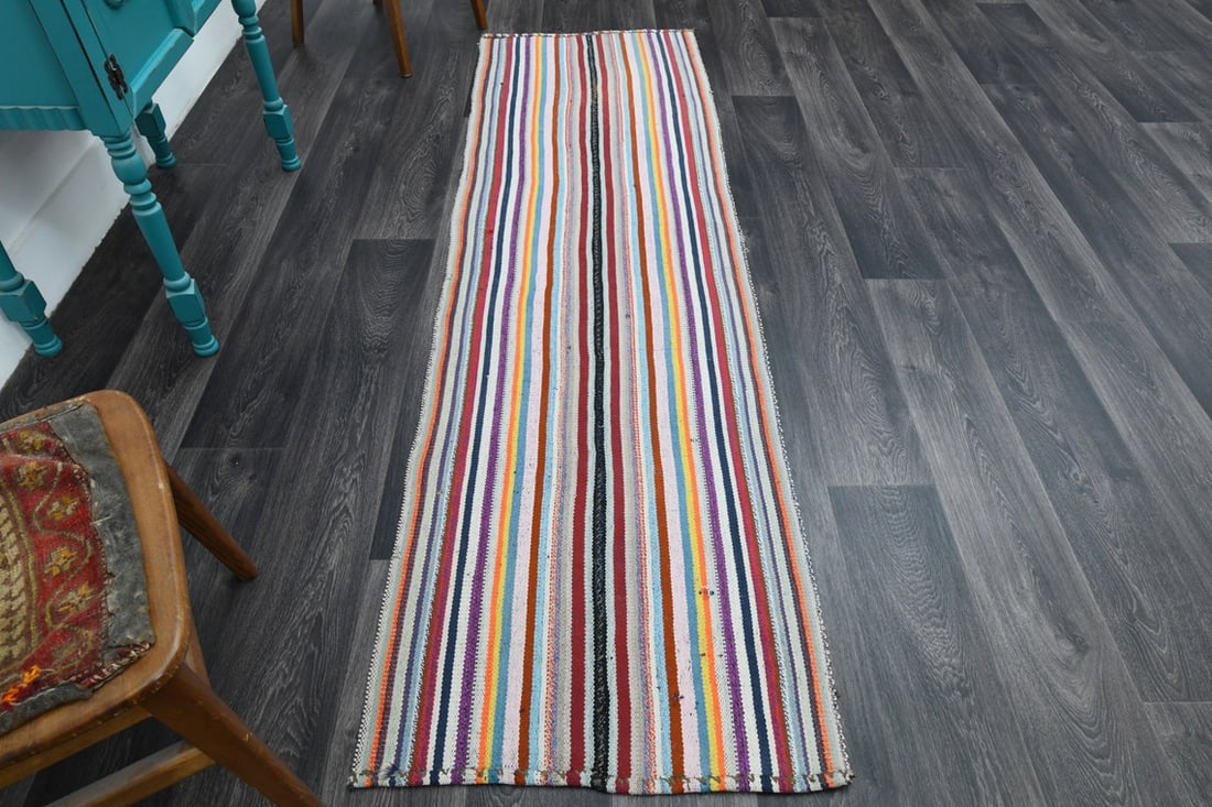 2.4x8.1 ft, Striped Kilim Rug: Title: 2.4x8.1 ft, Striped Kilim Rug Origin: Turkey Date/Period: 1960 - 1970 Materials: Wool and Cotton Size: Width: 2.4 feet; Length: 8.1 feet Description: This Turkish one-of-a-kind Vintage