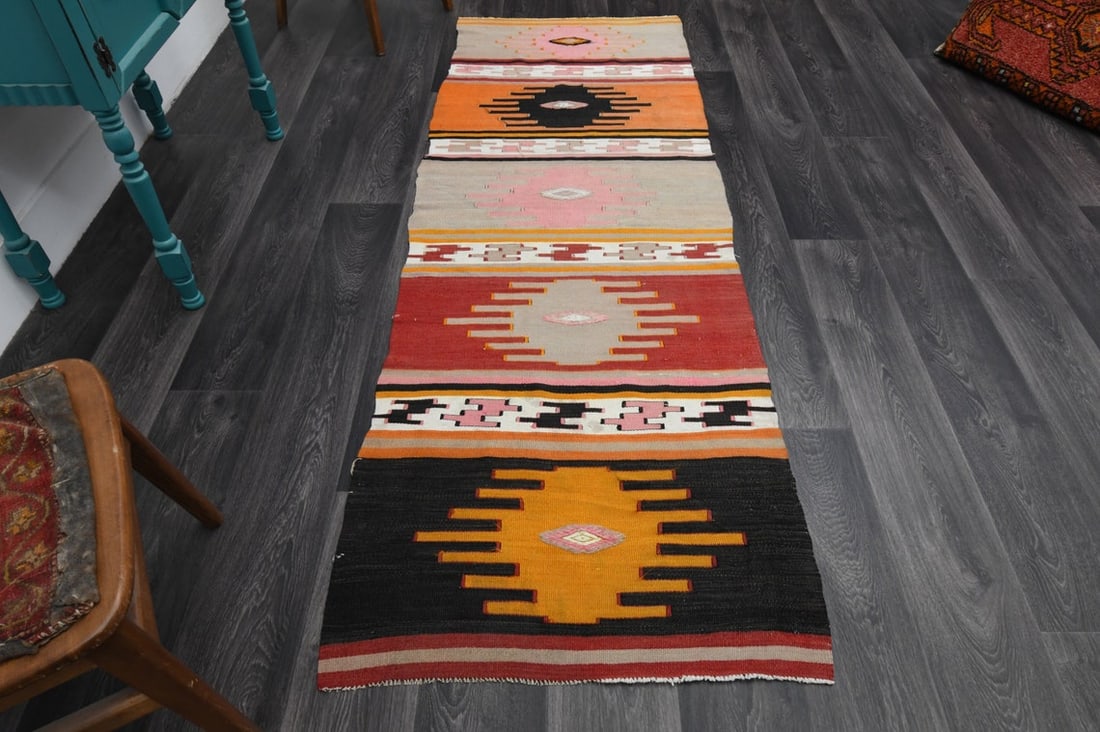 2.7x7.9 ft, IKAT KILIM Runner: Title: 2.7x7.9 ft, IKAT KILIM Runner Origin: Turkey Date/Period: 1960 - 1970 Materials: Wool and Cotton Size: Width: 2.7 feet; Length: 7.9 feet Description: This Turkish one-of-a-kind Vintage