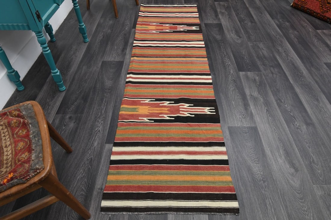2.4x8.4 ft, TURKISH KILIM Runner: Title: 2.4x8.4 ft, TURKISH KILIM Runner Origin: Turkey Date/Period: 1960 - 1970 Materials: Wool and Cotton Size: Width: 2.4 feet; Length: 8.4 feet Description: This Turkish one-of-a-kind Vintage