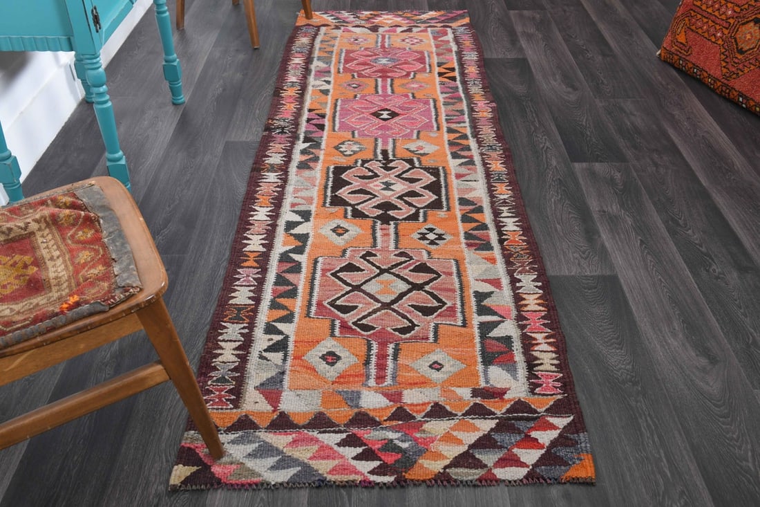 2.9x8.9 ft, TURKISH KILIM Runner: Title: 2.9x8.9 ft, TURKISH KILIM Runner Origin: Turkey Date/Period: 1960 - 1970 Materials: Wool and Cotton Size: Width: 2.9 feet; Length: 8.9 feet Description: This Turkish one-of-a-kind Vintage