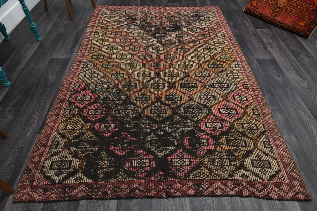 5.5x8.5 ft, VINTAGE Rug, TURKISH: Title: 5.5x8.5 ft, VINTAGE Rug, TURKISH Origin: Turkey Date/Period: 1960 - 1970 Materials: Wool and Cotton Size: Width: 5.5 feet; Length: 8.5 feet Description: This Turkish one-of-a-kind Vintage