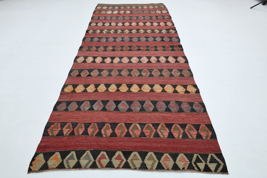 4.6x11.6 ft, RED KILIM RUNNER: Title: 4.6x11.6 ft, RED KILIM RUNNER Origin: Turkey Date/Period: 1960 - 1970 Materials: Wool and Cotton Size: Width: 4.6 feet; Length: 11.6 feet Description: This Turkish one-of-a-kind Vintage