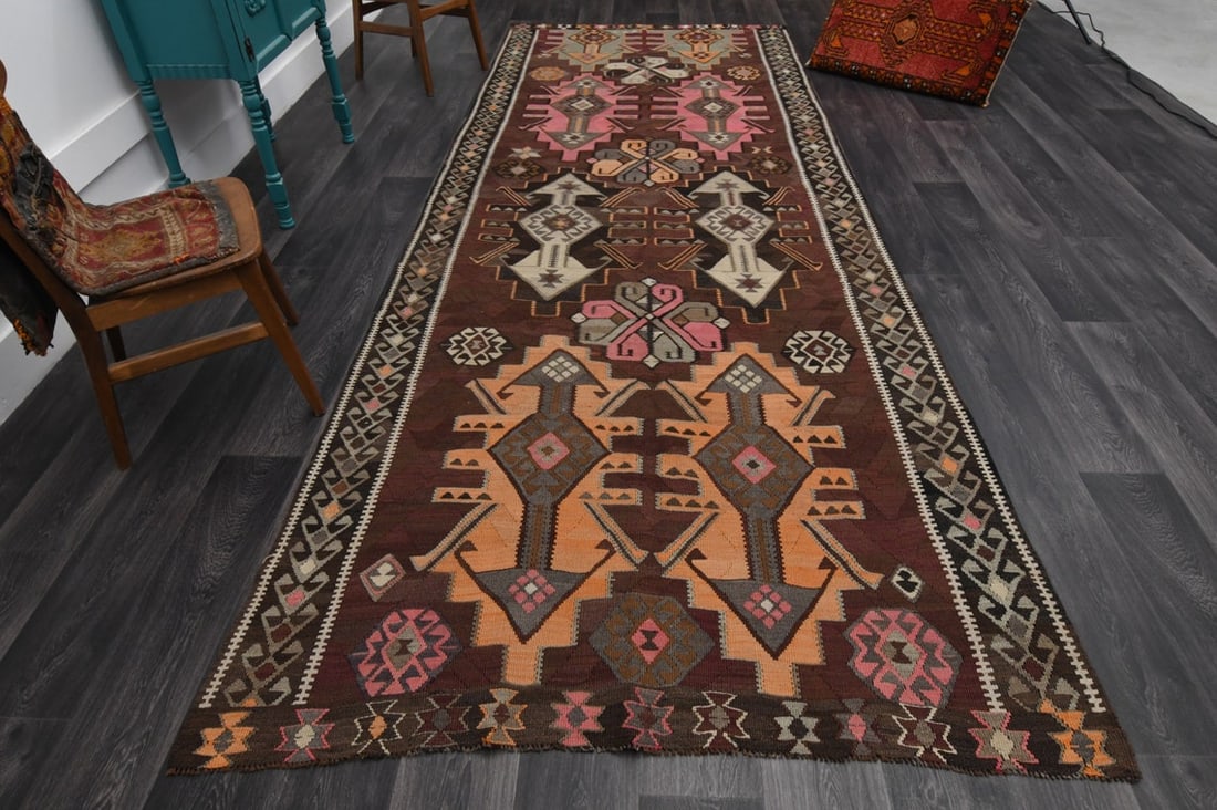 5.3x13.7 ft, TURKISH WIDE KILIM Runner: Title: 5.3x13.7 ft, TURKISH WIDE KILIM Runner Origin: Turkey Date/Period: 1960 - 1970 Materials: Wool and Cotton Size: Width: 5.3 feet; Length: 13.7 feet Description: This Turkish one-of-a-kind