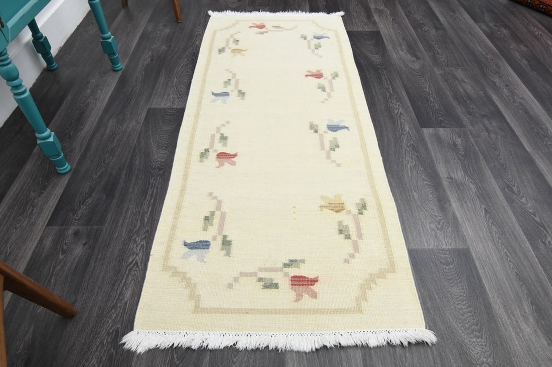 2.7x6.3 ft, TURKISH KILIM Runner: Title: 2.7x6.3 ft, TURKISH KILIM Runner Origin: Turkey Date/Period: 1960 - 1970 Materials: Wool and Cotton Size: Width: 2.7 feet; Length: 6.3 feet Description: This Turkish one-of-a-kind Vintage