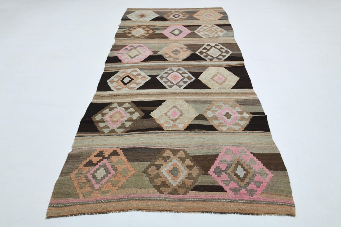 4.6x10.6 ft, TURKISH OUSHAK RUG: Title: 4.6x10.6 ft, TURKISH OUSHAK RUG Origin: Turkey Date/Period: 1960 - 1970 Materials: Wool and Cotton Size: Width: 4.6 feet; Length: 10.6 feet Description: This Turkish one-of-a-kind Vintage