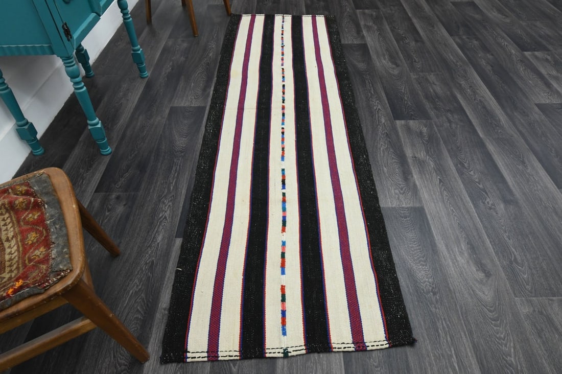 2.7x8.5 ft, TURKISH KILIM Runner: Title: 2.7x8.5 ft, TURKISH KILIM Runner Origin: Turkey Date/Period: 1960 - 1970 Materials: Wool and Cotton Size: Width: 2.7 feet; Length: 8.5 feet Description: This Turkish one-of-a-kind Vintage