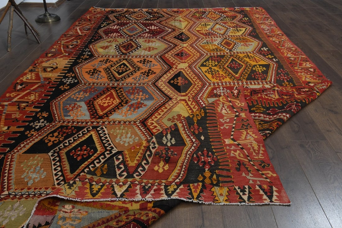 6'8x12'3 ft, OVERSIZED KILIM RUG: Title: 6'8x12'3 ft, OVERSIZED KILIM RUG Origin: Turkey Date/Period: 1960 - 1970 Materials: Wool and Cotton Size: Width: 6.8 feet; Length: 12.3 feet Description: This Turkish one-of-a-kind Vintage