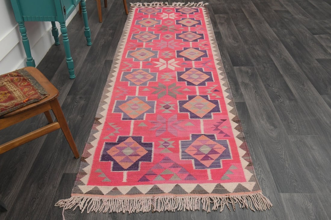 3.4x11.2 ft, TURKISH KILIM Runner: Title: 3.4x11.2 ft, TURKISH KILIM Runner Origin: Turkey Date/Period: 1960 - 1970 Materials: Wool and Cotton Size: Width: 3.4 feet; Length: 11.2 feet Description: This Turkish one-of-a-kind Vintage Fla