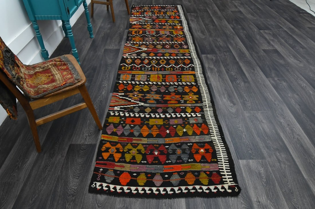 3.1x12 ft, TURKISH KILIM Runner: Title: 3.1x12 ft, TURKISH KILIM Runner Origin: Turkey Date/Period: 1960 - 1970 Materials: Wool and Cotton Size: Width: 3.1 feet; Length: 12 feet Description: This Turkish one-of-a-kind Vintage