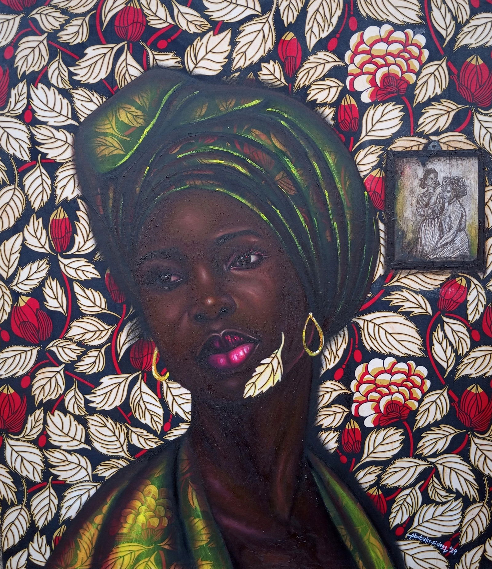 Bakare Abubakri-sideeq Babatunde, Souvenirs of Beauty 1 - 21st Century Mixed Media with Oil and: Creator: Bakare Abubakri-sideeq Babatunde (1992, Nigerian) Creation Year: 2024 Dimensions: Height: 40 in (101.6 cm)Width: 35 in (88.9 cm)Depth: 1 in (2.54 cm) Medium: Fabric,Canvas,Mixed