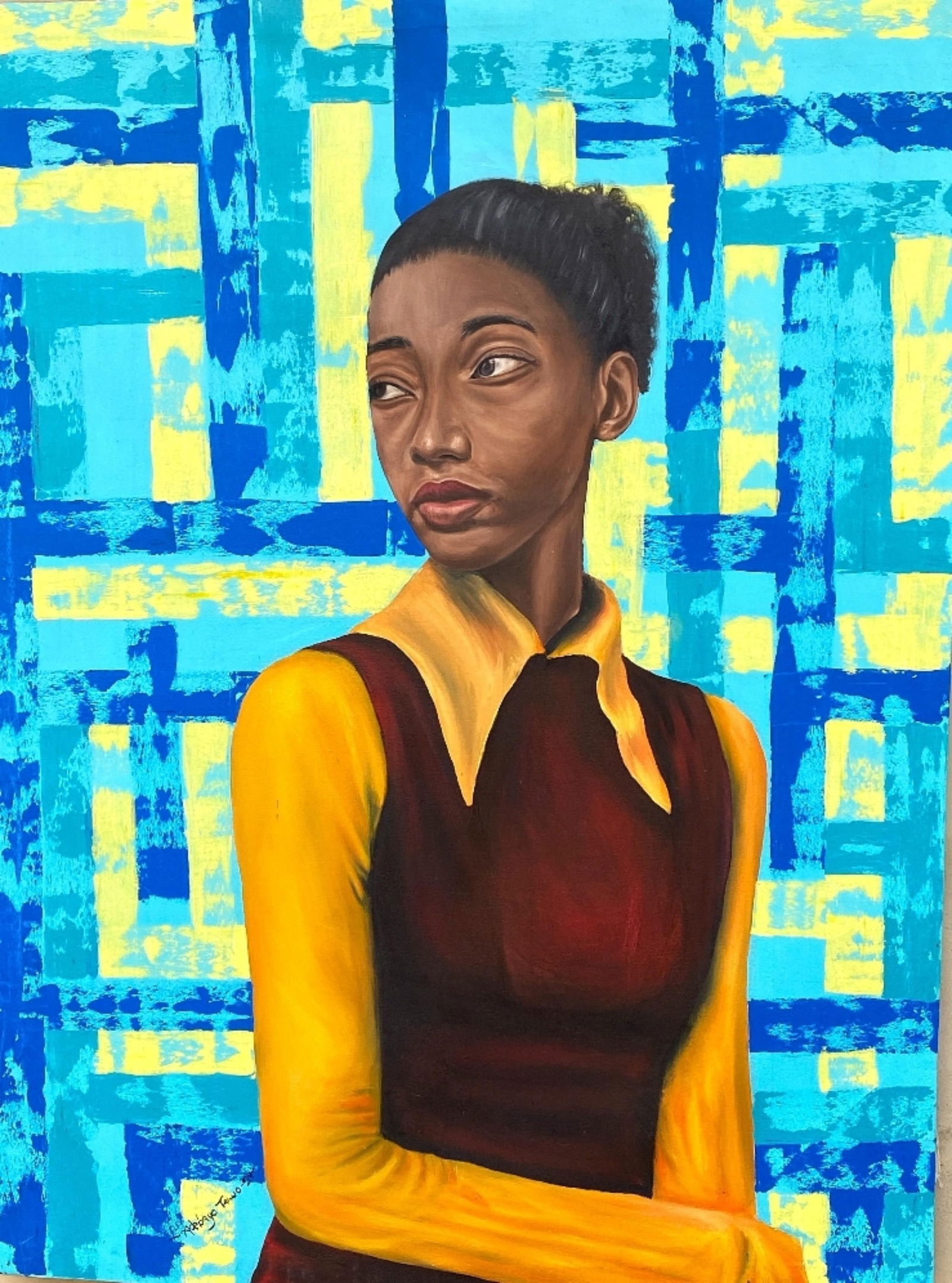 Adebayo Taiwo, Solace - 21st Century, Contemporary, Figurative Portrait, Women, Acrylic, Blue, 2023: Creator: Adebayo Taiwo (2003, Nigerian) Creation Year: 2023 Dimensions: Height: 48 in (121.92 cm)Width: 36 in (91.44 cm)Depth: 1 in (2.54 cm) Medium: Canvas,Acrylic Movement & Style: 