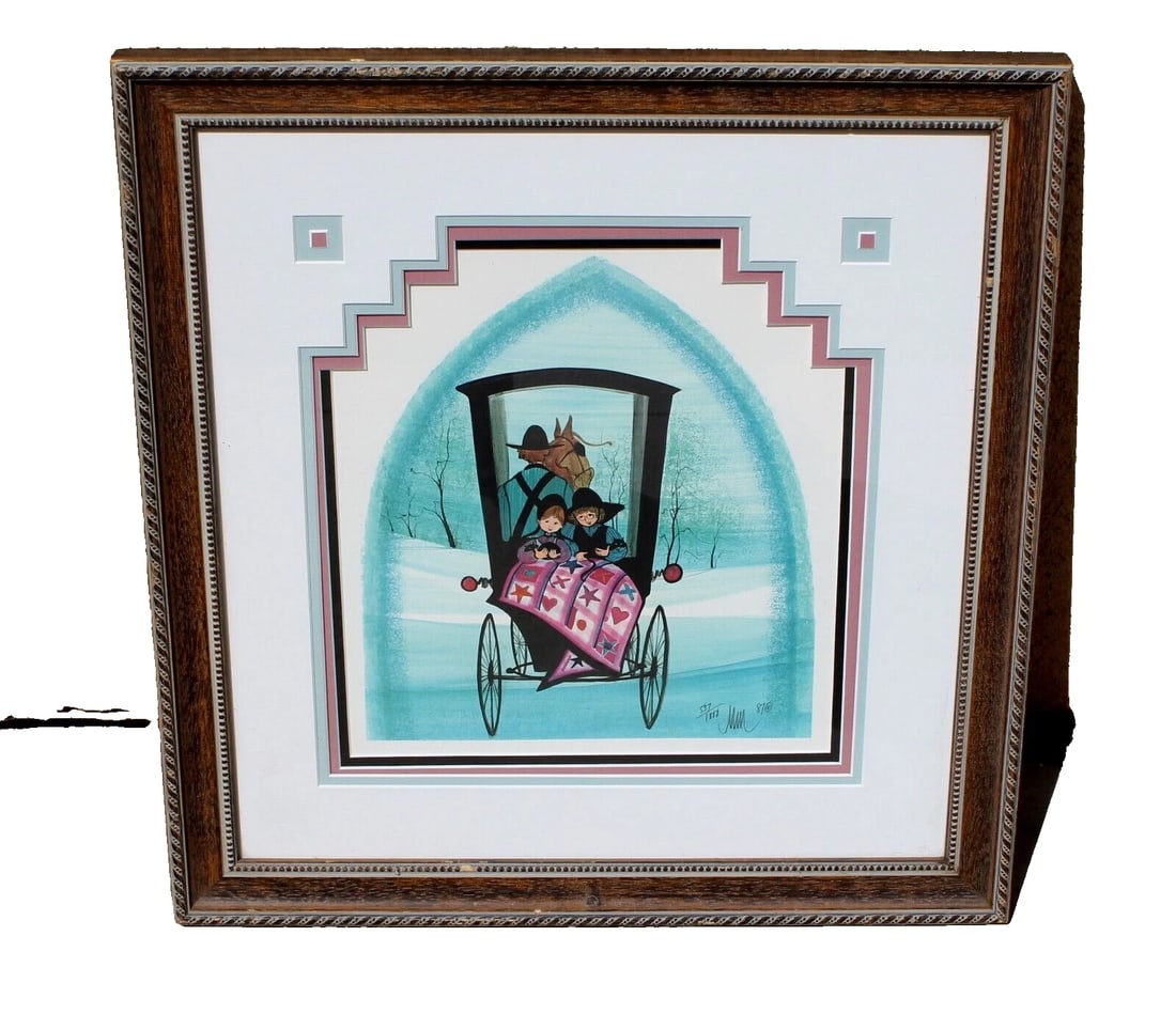 Patricia Buckley Moss Amish Children Riding in a Carriage S/N Custom Mat&Frame - 2