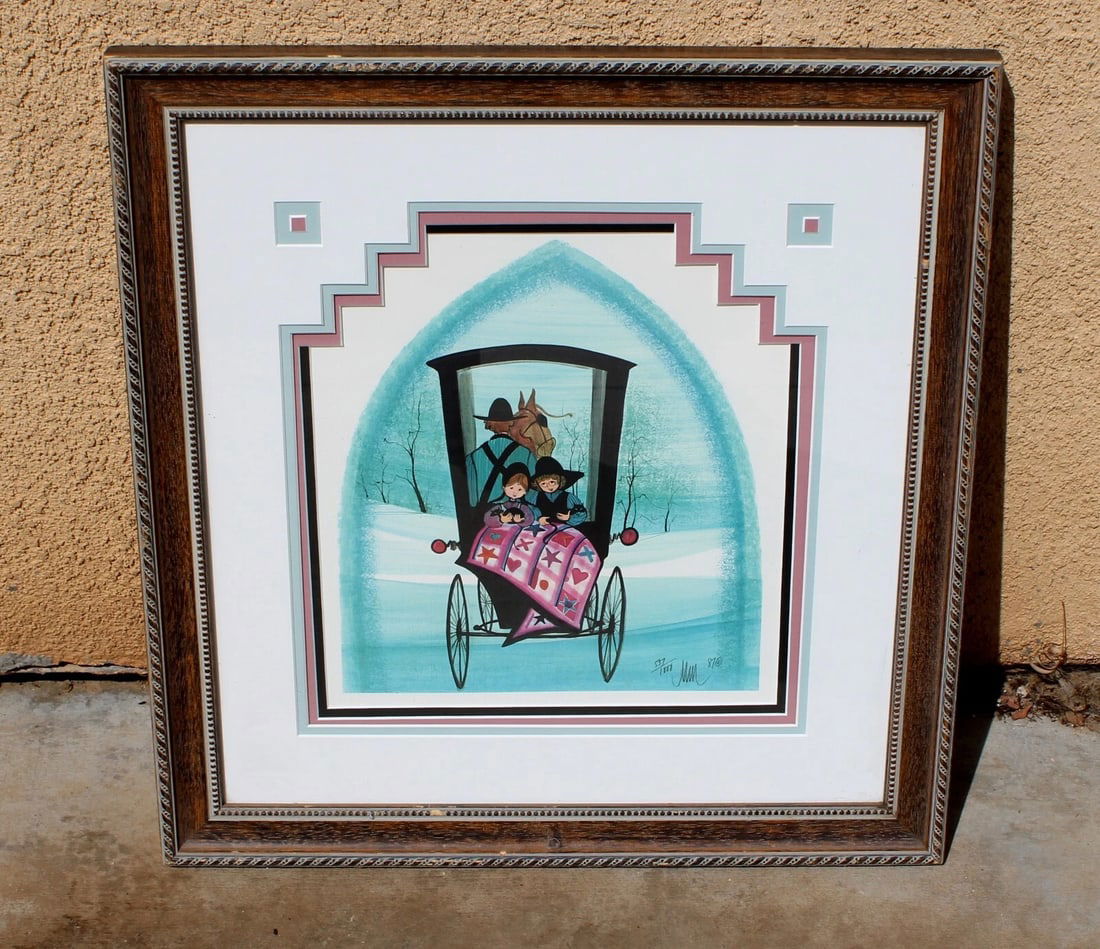 Patricia Buckley Moss Amish Children Riding in a Carriage S/N Custom Mat&Frame - 3