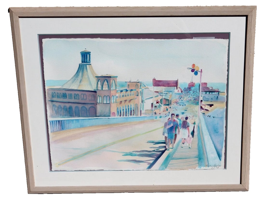 Artist Unidentified Santa Monica Pier Scene with Figures watercolor 1993: Title:Artist Unidentified Santa Monica Pier Scene with Figures watercolor 1993Description:Artist Unidentified. Santa Monica Pier Scene with Figures, 1993, 22" x 30" watercolor (framed size: 32" x