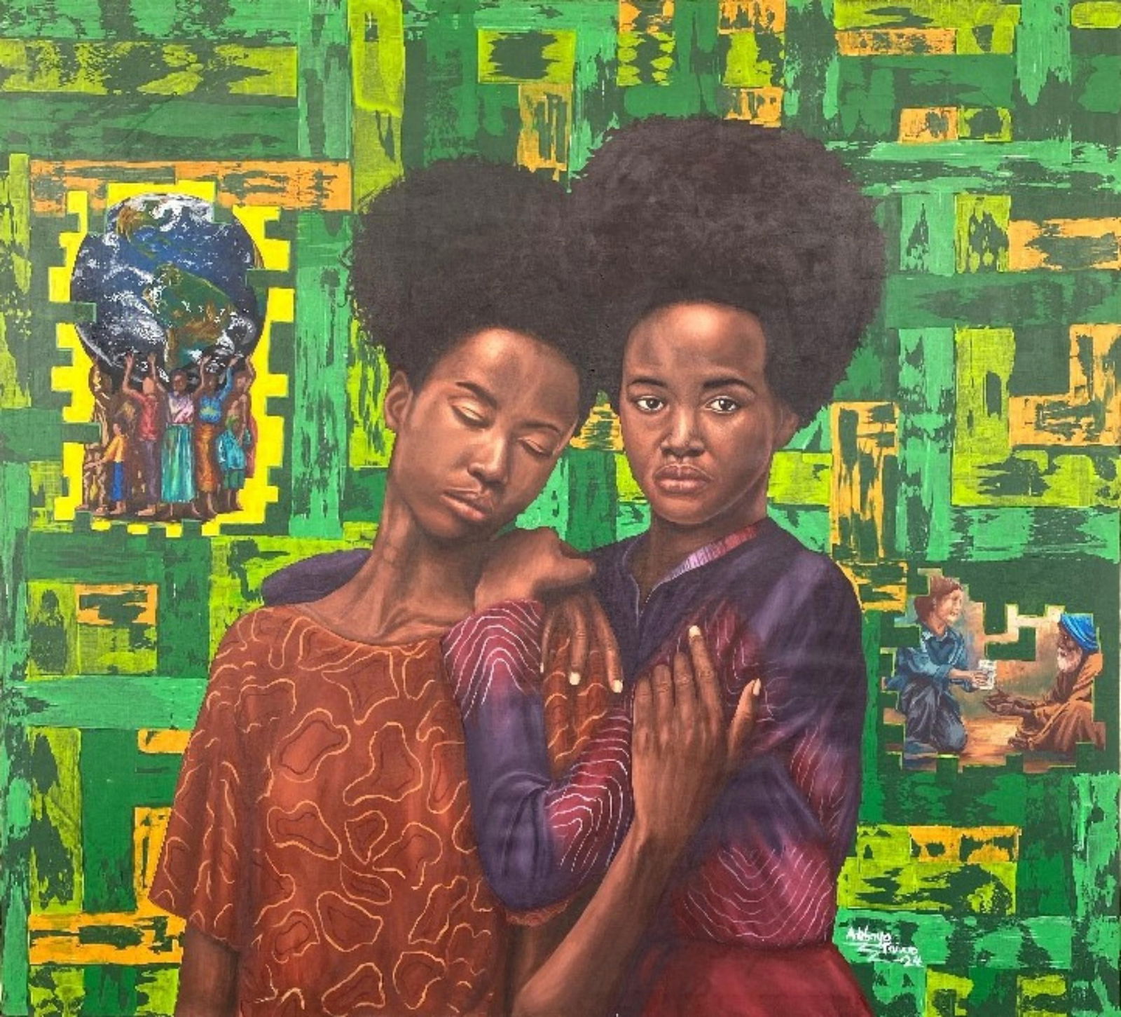 Adebayo Taiwo, Ubuntu (The Essence of Humanity - 21st Century, Contemporary, Figurative, Women, 2023: Creator: Adebayo Taiwo (2003, Nigerian) Creation Year: 2023 Dimensions: Height: 44 in (111.76 cm)Width: 40 in (101.6 cm)Depth: 1 in (2.54 cm) Medium: Canvas,Acrylic Movement & Style: 