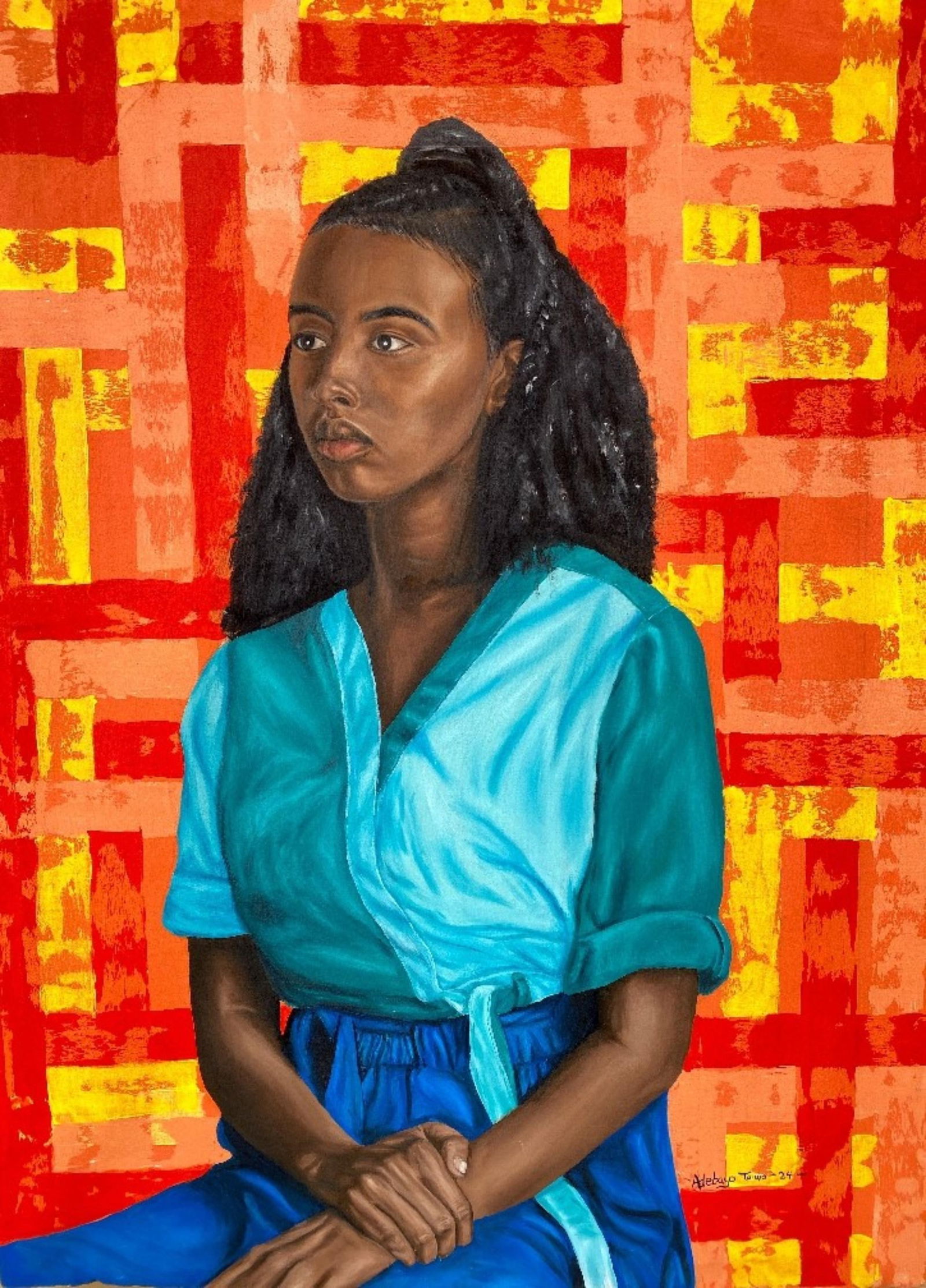 Adebayo Taiwo, Calm Within - 21st Century, Contemporary, Figurative Portrait, Women, Acrylic, 2023: Creator: Adebayo Taiwo (2003, Nigerian) Creation Year: 2023 Dimensions: Height: 48 in (121.92 cm)Width: 36 in (91.44 cm)Depth: 1 in (2.54 cm) Medium: Canvas,Acrylic Movement & Style: 