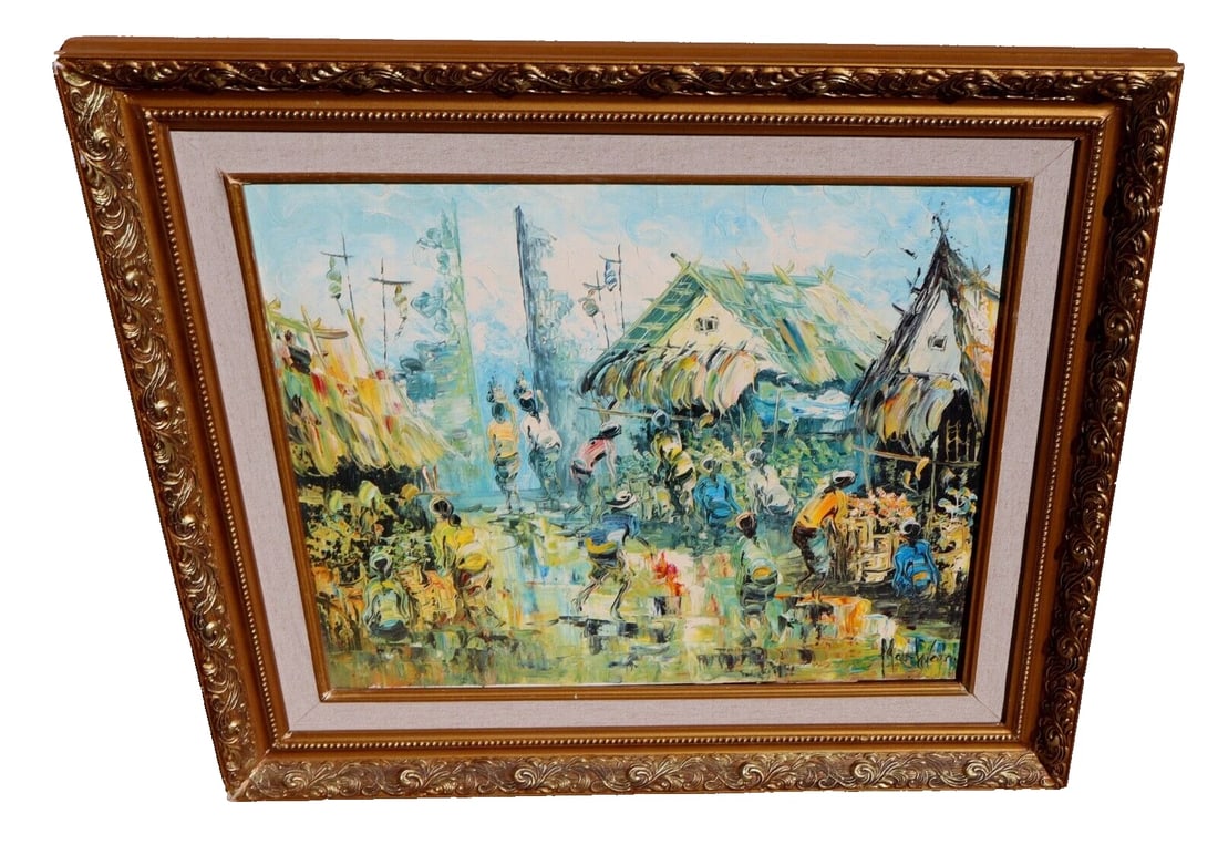 Artist Unidentified Indonesian? Village oil on canvas: Title:Artist Unidentified Indonesian? Village oil on canvasDescription:Artist unidentified. Indonesian? Village, 20" x 23-3/4" oil on canvas (framed size: 28" x 32") signed lower right. Ships in