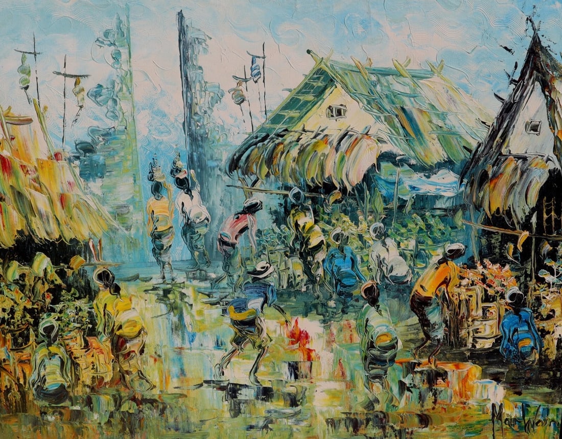 Artist Unidentified Indonesian? Village oil on canvas - 4