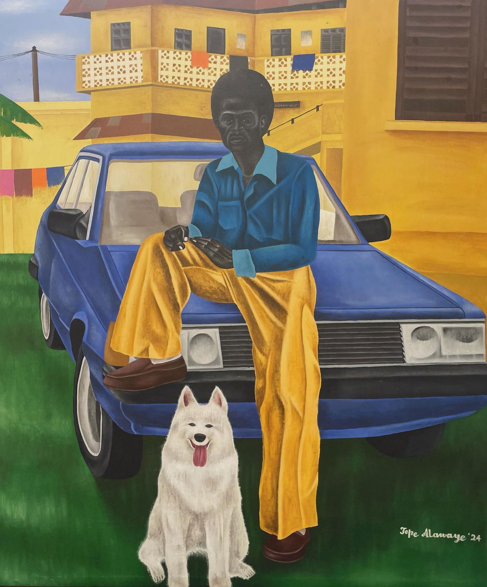 Alawaye Tope, Gentleman -21st Century, Contemporary, Figurative Portrait, Men, Car, Dog Modern, 2024: Creator: Alawaye Tope (2002, Nigerian) Creation Year: 2024 Dimensions: Height: 60 in (152.4 cm)Width: 50 in (127 cm)Depth: 1 in (2.54 cm) Medium: Canvas,Charcoal,Acrylic Movement & Style: 