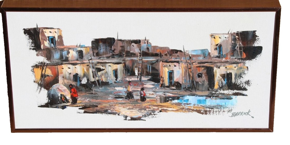 MONNA BARRICK Original oil painting on canvas INDIAN PUEBLO: Title:MONNA BARRICK Original oil painting on canvas INDIAN PUEBLODescription:MONNA BARRICK. Monna was married to noted artist Jim Barrick, and has been painting for many years. Her works are mostly